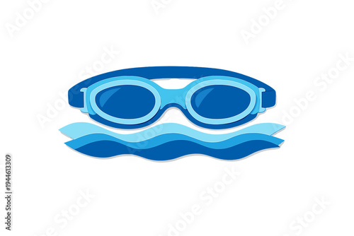 A flat illustration of blue swimming goggles positioned above stylized blue water waves on a solid black background. The design features a layered paper-cut aesthetic with various shades of blue.