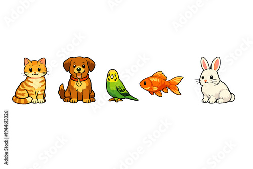 A collection of five cute cartoon pets including a ginger cat, a brown dog, a green budgie, an orange goldfish, and a white rabbit, all isolated on a solid black background.
