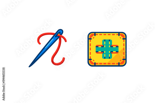 A flat vector illustration featuring a blue sewing needle with red thread next to a yellow square patch with a green cross design, set against a solid black background.