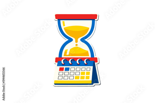 A colorful sticker-style illustration featuring a blue hourglass with yellow sand resting on top of a calendar, symbolizing time management and scheduling concepts.