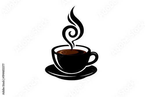 A minimalist graphic illustration of a white cup filled with dark brown coffee, featuring a small swirl in the center, set against a solid black background for high contrast.