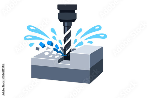 A vector illustration of a metal drill bit cutting into a solid block, with blue coolant splashing and material chips flying off during the industrial machining process.