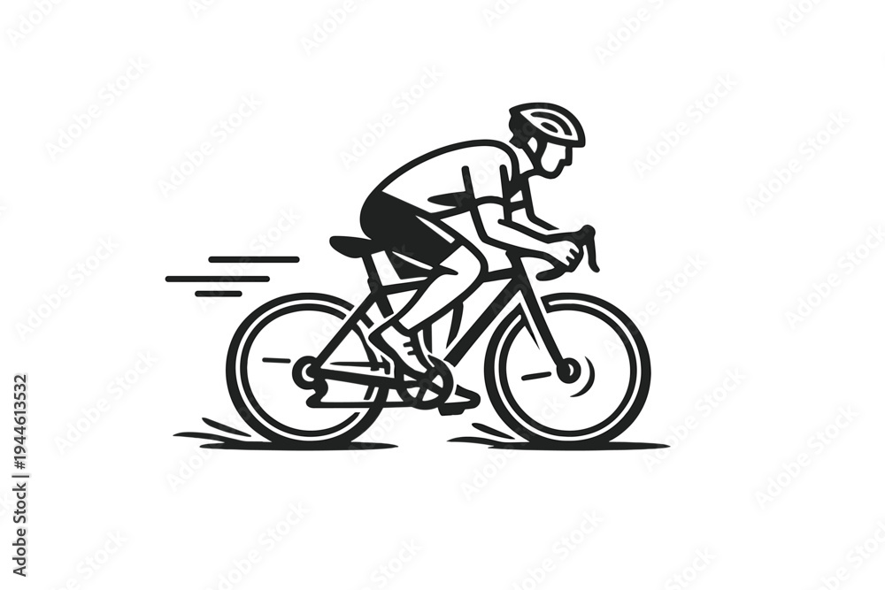 Obraz premium This minimalist black line art illustration depicts a cyclist riding a road bike at high speed, featuring motion lines and a side profile view on a plain white background.