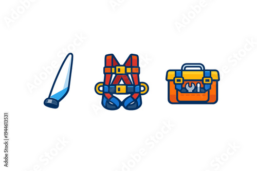 This collection of three colorful vector icons includes a pointed blade, a safety climbing harness, and an orange toolbox with a wrench, displayed on a dark black background.