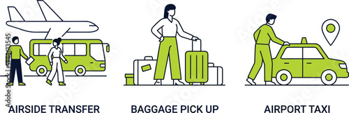 Airport passenger services vector set featuring airside transfer bus baggage pick up area and airport taxi transportation.