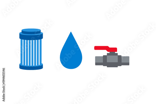An illustration featuring a blue water filter, a large blue water drop, and a grey ball valve with a red handle, all arranged horizontally against a solid black background.