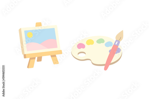 A digital illustration featuring a wooden easel with a landscape painting, a white artist palette with pastel colors, and a pink paintbrush on a black background.