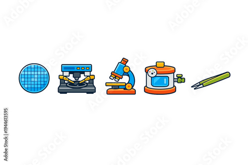 This set of five stylized laboratory and microelectronics icons features a microscope, tweezers, a vacuum chamber, a probe station, and a blue grid on a plain black background.