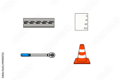 This set of four flat icons features a serrated saw blade, a notched document, a blue-handled socket wrench, and an orange traffic cone isolated on a black background.