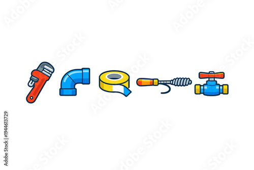 A collection of five colorful plumbing tool icons including a red pipe wrench, a blue elbow pipe, yellow tape, a drain snake, and a water valve, all set against a black background.
