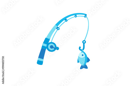 A blue cartoon fishing rod with a reel and line holds a small fish caught on a hook. This 3D-style illustration uses gradients of blue and is isolated against a solid black background.