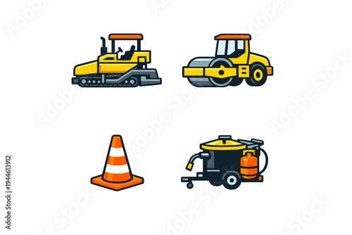 A set of four flat vector icons depicting road construction equipment including an asphalt paver, a road roller, a traffic cone, and a tar kettle trailer on a black background.