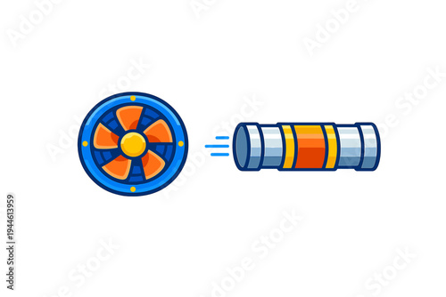 A stylized illustration featuring a blue and orange fan next to a metallic pipe with an orange band. The objects are set against a solid black background with clean vector lines.