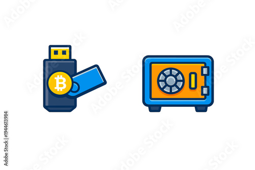 A flat illustration of a dark blue USB flash drive featuring a yellow Bitcoin symbol next to a blue and orange metal safe box, representing cryptocurrency security and storage.
