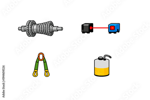 A collection of four industrial equipment icons showing a turbine shaft, a laser measurement tool, a durable lifting strap, and an oil container with a pump on a black background.