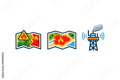 Three flat vector icons illustrating wildfire detection and monitoring, featuring maps with fire zones and a monitoring tower emitting signal waves on a black background.