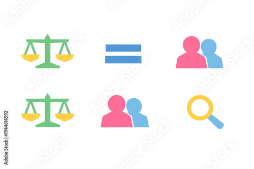 A collection of colorful icons on a black background depicting scales of justice, an equals sign, human silhouettes, and a magnifying glass to represent legal equality.