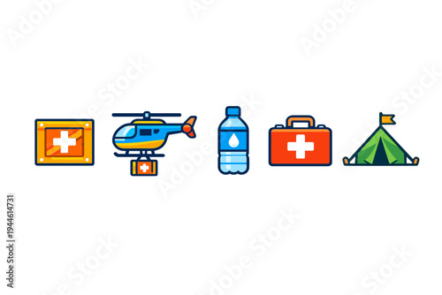 A set of five flat vector icons representing humanitarian aid and emergency relief, including a medical crate, a rescue helicopter, a water bottle, a first aid kit, and a green tent.