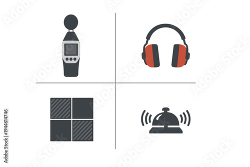 This illustration features four icons related to acoustics and noise management: a sound level meter, protective earmuffs, soundproofing tiles, and a ringing bell on a dark background.