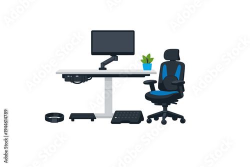 A flat illustration of an ergonomic workstation featuring an adjustable standing desk with a monitor arm, a blue office chair, a small plant, and a footrest on a black background.