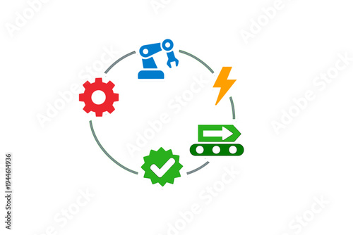 An illustration featuring a circular arrangement of industrial icons including a robotic arm, a gear, a lightning bolt, a conveyor belt, and a checkmark on a black background.