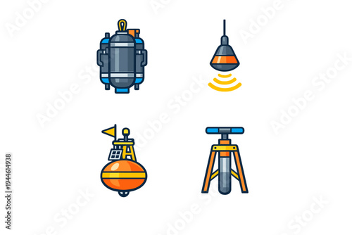 A set of four flat vector icons representing marine exploration equipment, including scuba tanks, a sonar device, a floating buoy, and a tripod sensor on a dark background.