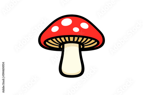A stylized illustration of a red mushroom with white spots and a thick cream stem on a solid black background. The graphic features bold black outlines and visible gills.