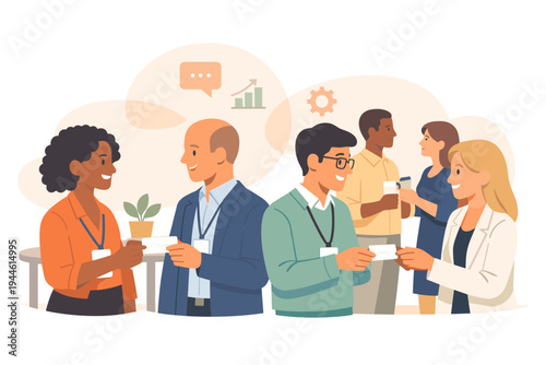 A flat vector illustration showing a diverse group of professionals networking at a business event, exchanging business cards and talking in a modern office setting with icons.