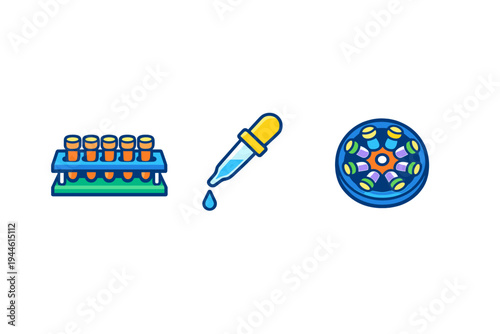 Three colorful laboratory icons including a test tube rack with orange liquid, a dropper with a blue droplet, and a centrifuge rotor with multiple vials on a black background.