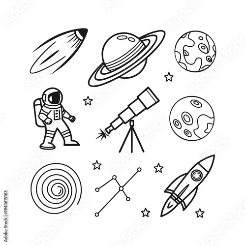 Hand-Drawn Space Icons Set Featuring Astronaut, Rocket, Planets, Telescope, Stars, Comet, Moon, and Constellation