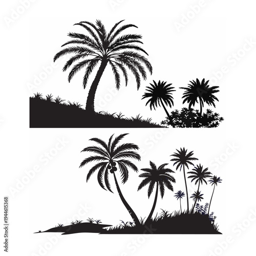 Tropical Palm Tree Silhouettes On Island Beach Landscapes With Coconut Trees And Grassy Shoreline