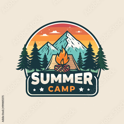Summer Camp Badge With Campfire, Tent and Mountain Sunset Outdoor Adventure Emblem