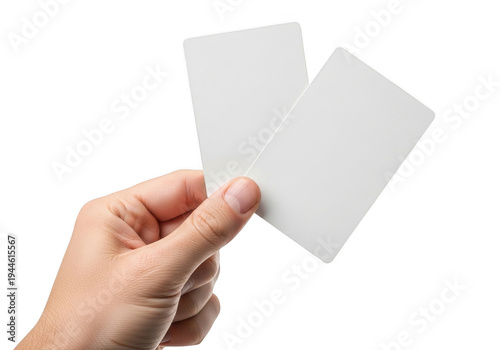 A hand holding two blank playing cards facing upward isolated on transparent background,png,PNG