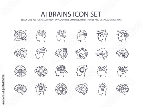 Artificial intelligence and human brain line icon set. Neural networks machine learning and cognitive computing 