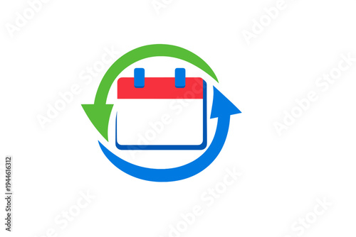 A stylized calendar icon with a red top and blue body is centered within two circular arrows in green and blue, representing a recurring schedule or update cycle on a black background.