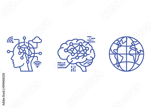 Blue line art icon set featuring artificial intelligence brain neural network and global connectivity symbols for technology and innovation