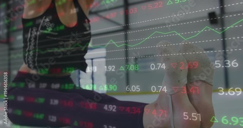 Dancer deepening stretch lifting chest as cam pulling back, ticker overlay tracking feet for warmup