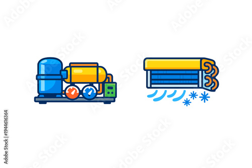 This flat vector illustration features an industrial compressor unit with gauges and an air conditioning evaporator with cooling symbols on a solid black background.