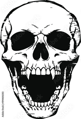 Aggressive skull illustration with open mouth and sharp teeth, dark horror gothic tattoo style vector isolated background