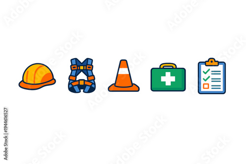 A collection of five construction safety icons including a yellow hard hat, safety harness, traffic cone, first aid kit, and a clipboard with a checklist on a black background.