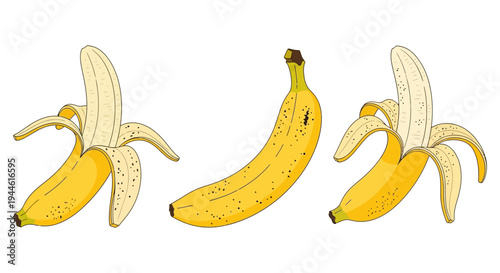 Three yellow bananas, one peeled, one whole, and another partially peeled, showcasing their vibrant color and texture