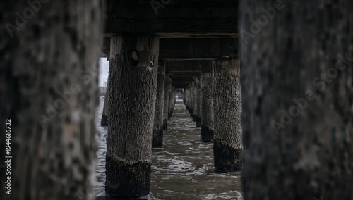 Framing worn wooden pilings creating tunnel under pier, showing barnacles, algae, choppy water