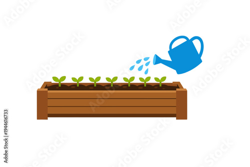 A blue watering can pours water onto small green sprouts growing in a wooden planter box. This flat vector illustration depicts gardening and plant care on a dark background.