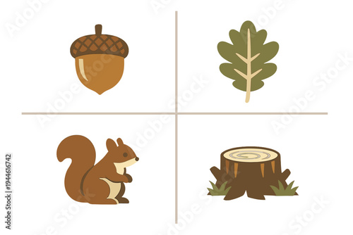 This minimalist graphic displays four autumn icons including an acorn, an oak leaf, a squirrel, and a tree stump, each placed in a separate quadrant of a grid layout.