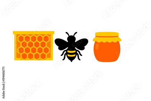 A flat illustration featuring a honeycomb frame, a stylized bee, and a jar of honey against a black background. The image uses bright yellow and orange tones for a clean look.