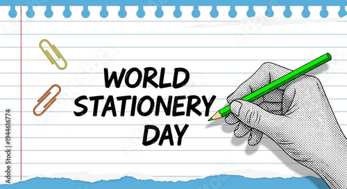 Celebrate World Stationery Day with a Hand Drawing a Pencil on Lined Paper Adorned with Paperclips