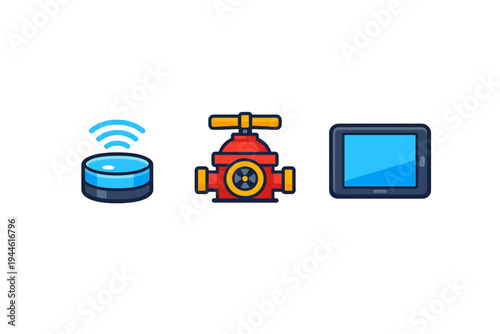 Three colorful flat icons on a black background featuring a smart speaker with signal waves, a red industrial valve with a radiation symbol, and a digital tablet screen.