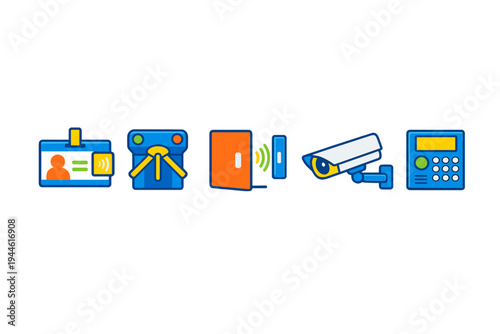 A set of five colorful security and access control icons including an ID badge, a turnstile, a door sensor, a CCTV camera, and a keypad, all isolated on a black background.