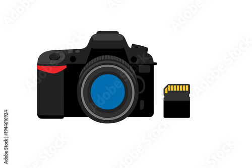 A flat illustration of a black digital SLR camera with a blue lens and a red accent, positioned next to a small memory card on a solid black background.