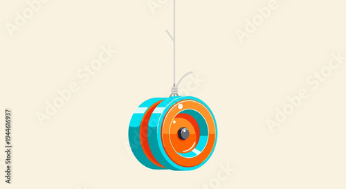 A brightly colored toy yo-yo suspended mid-air against a neutral backdrop, showcasing a classic pastime